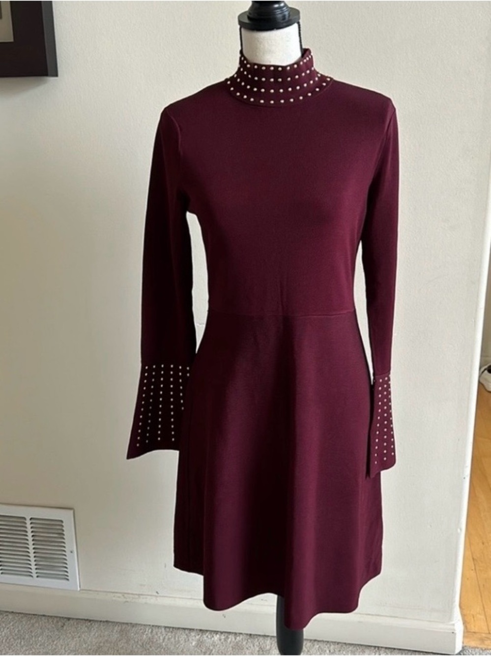 Studded Mock Neck Burgundy Long Sleeve Dress, Size L. Great Condition!